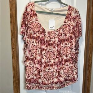 Poppi Red and Cream Ruffled Blouse with Short Sleeves NWT